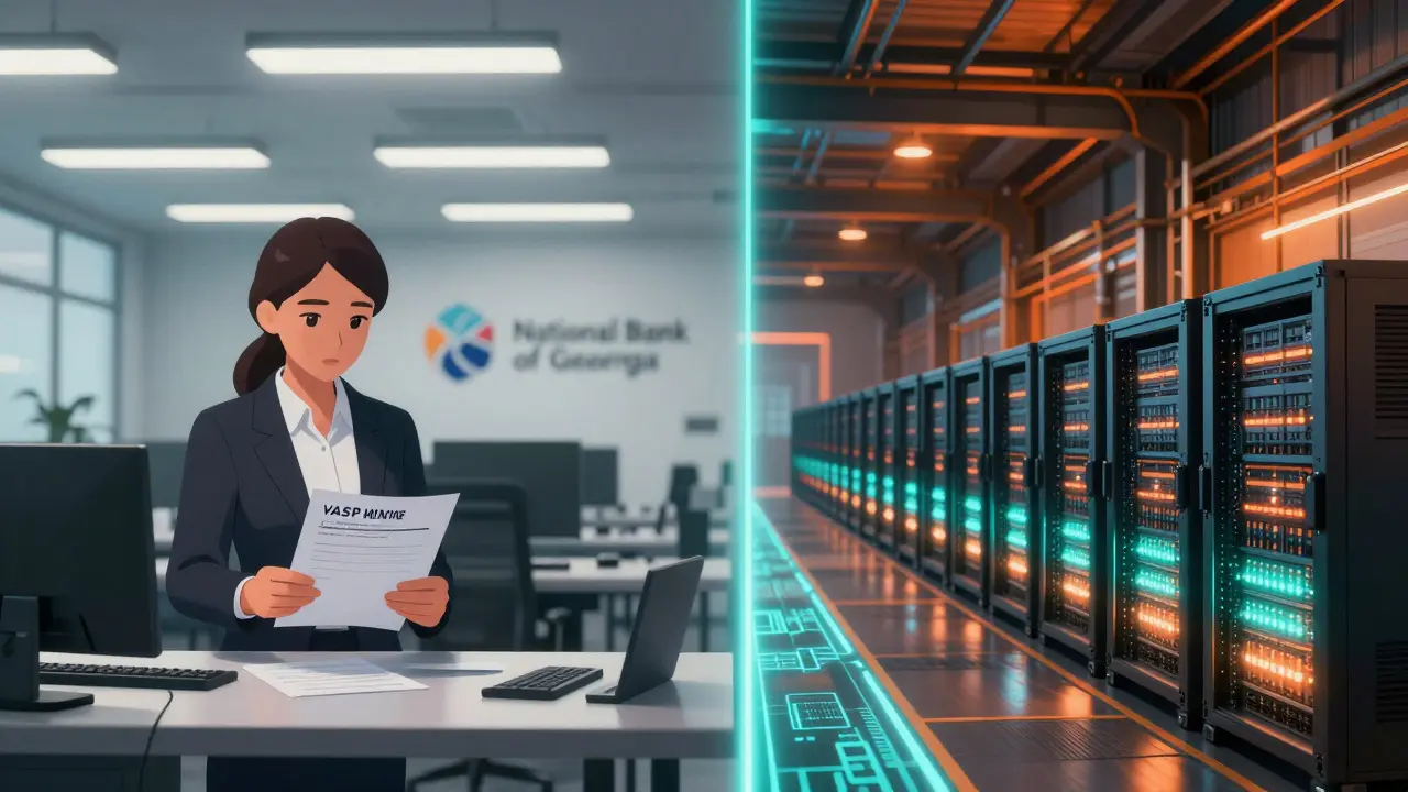 Anime comparison of strict VASP office vs free industrial zone mining warehouse.