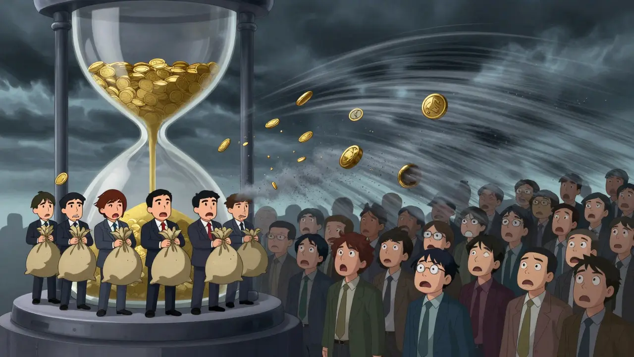 Anime concept art showing insiders profiting while retail investors lose tokens