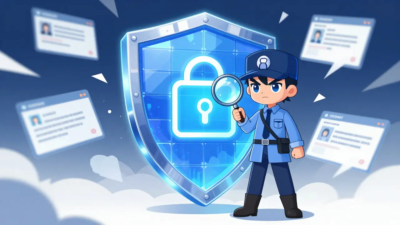 Anime detective blocking scams with a blockchain shield and magnifying glass