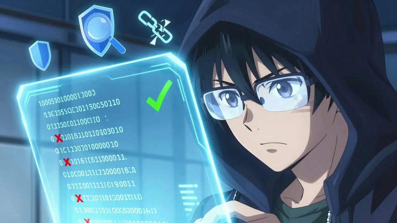 Anime expert verifying crypto contract address on hologram