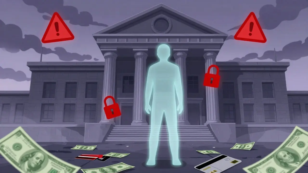 Anime figure facing a fortress-like bank with red warning symbols