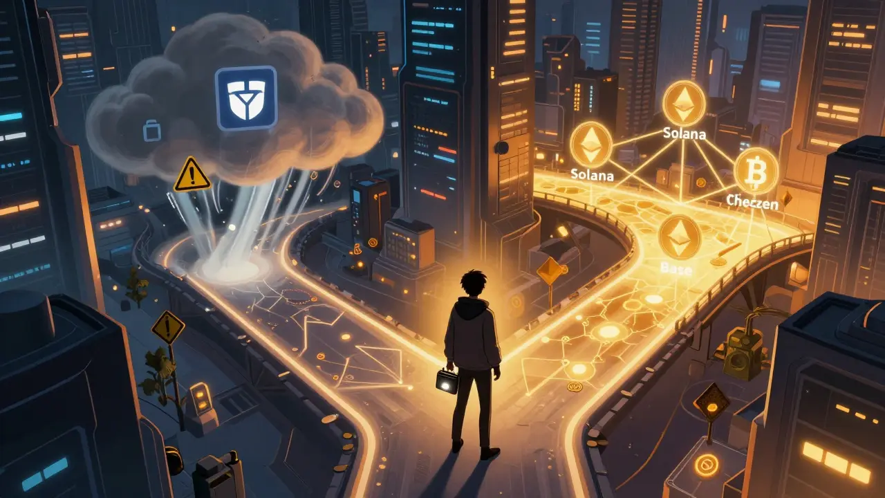 Anime figure facing crypto risks and cross-chain future paths