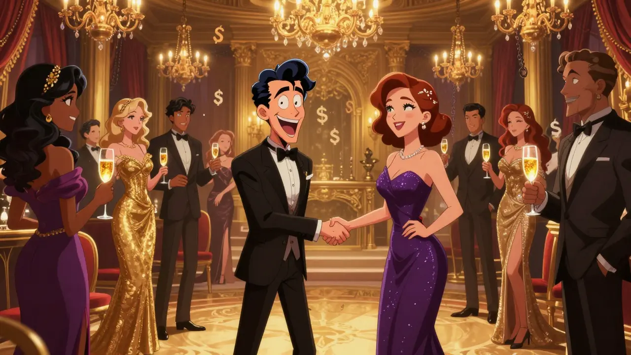 Anime gala scene with wealthy elites and a charismatic leader shaking hands