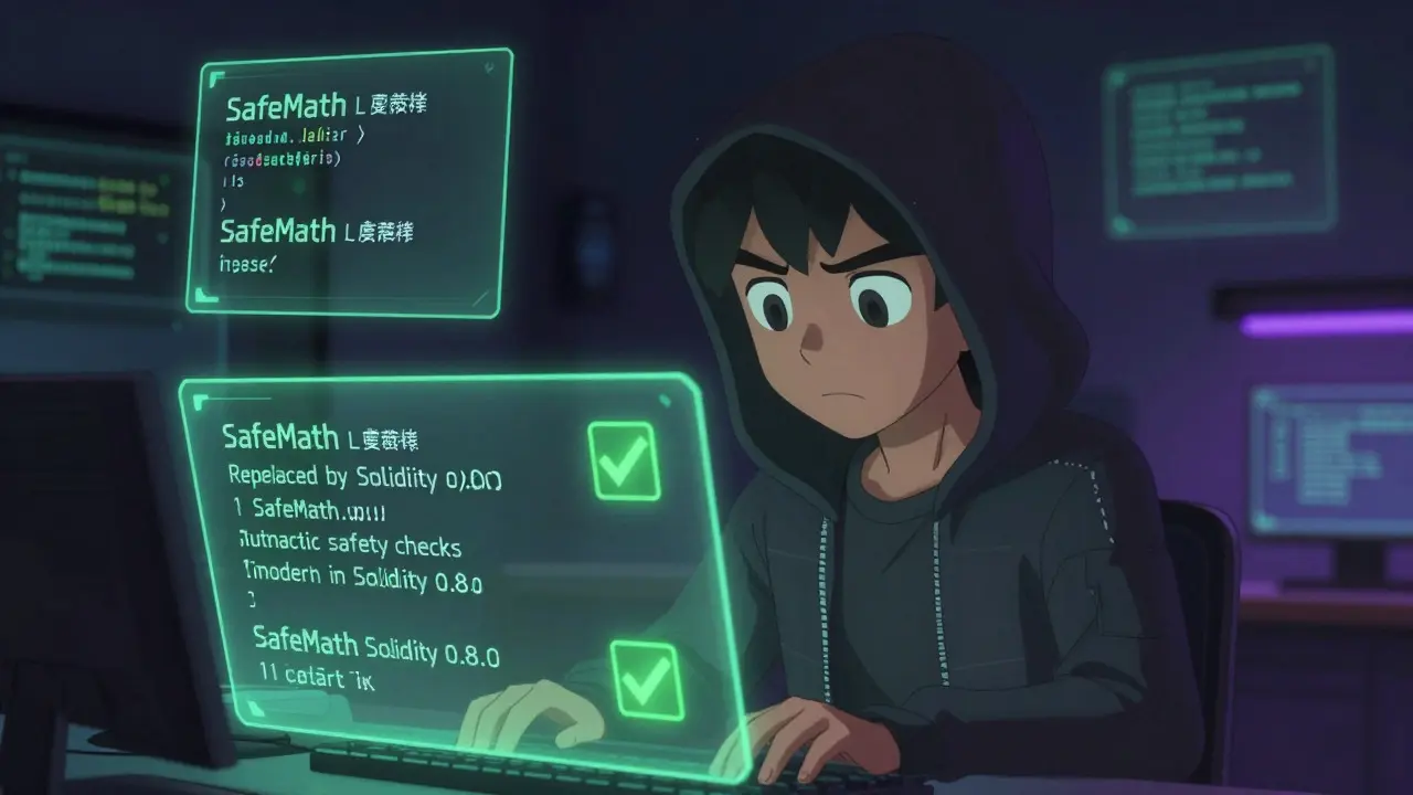 Anime hacker reviewing secure Solidity code with green checkmarks