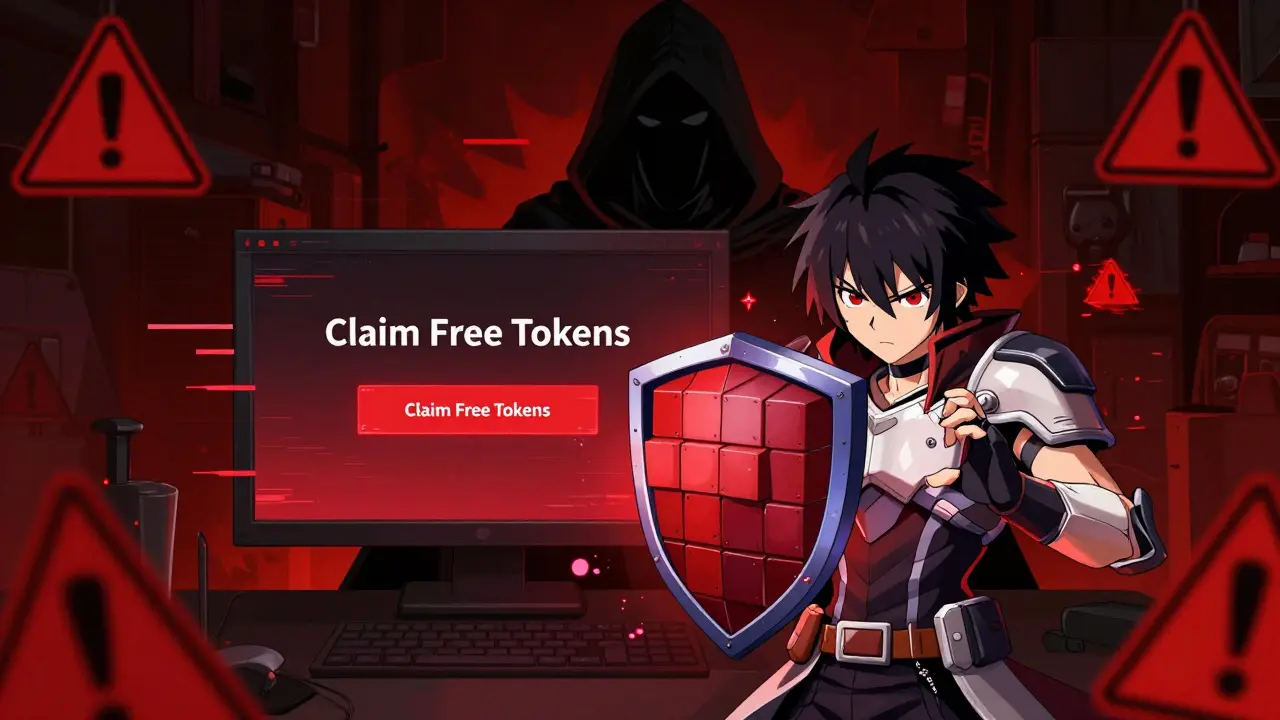 Anime hero blocking scam pop-ups with a blockchain shield in dark setting