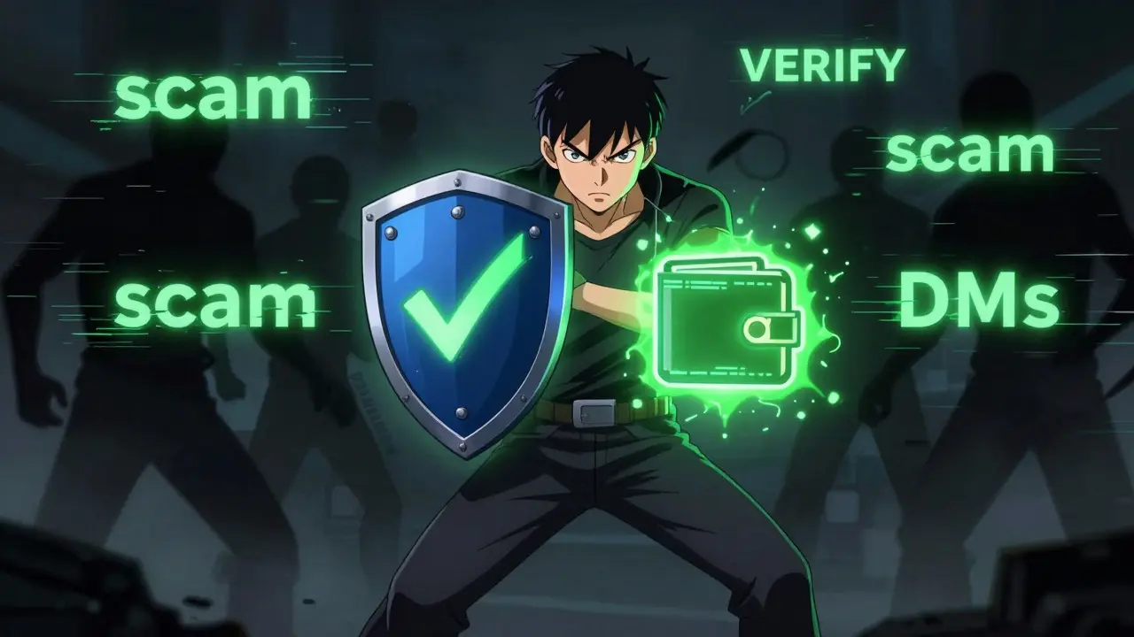 Anime hero protecting crypto wallet from shadowy scam figures