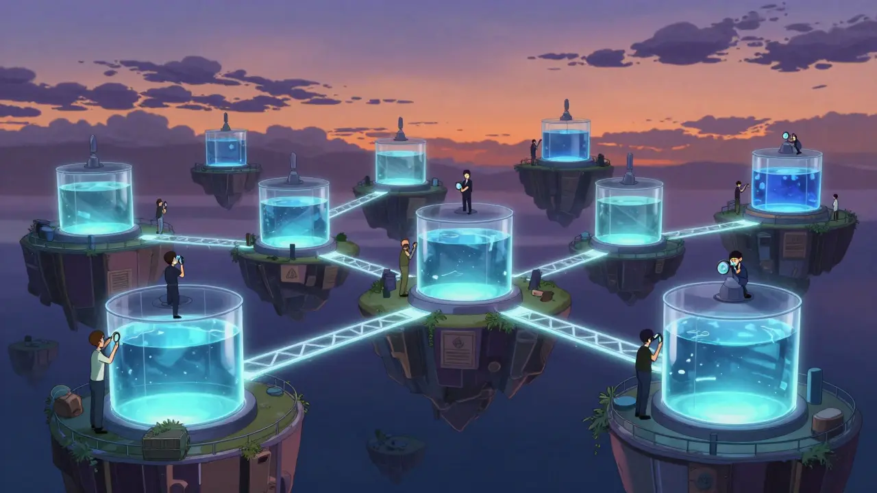 Anime landscape of connected blockchain islands and asset pools