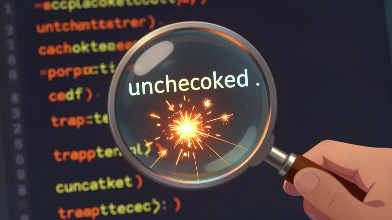 Anime magnifying glass inspecting risky unchecked code block