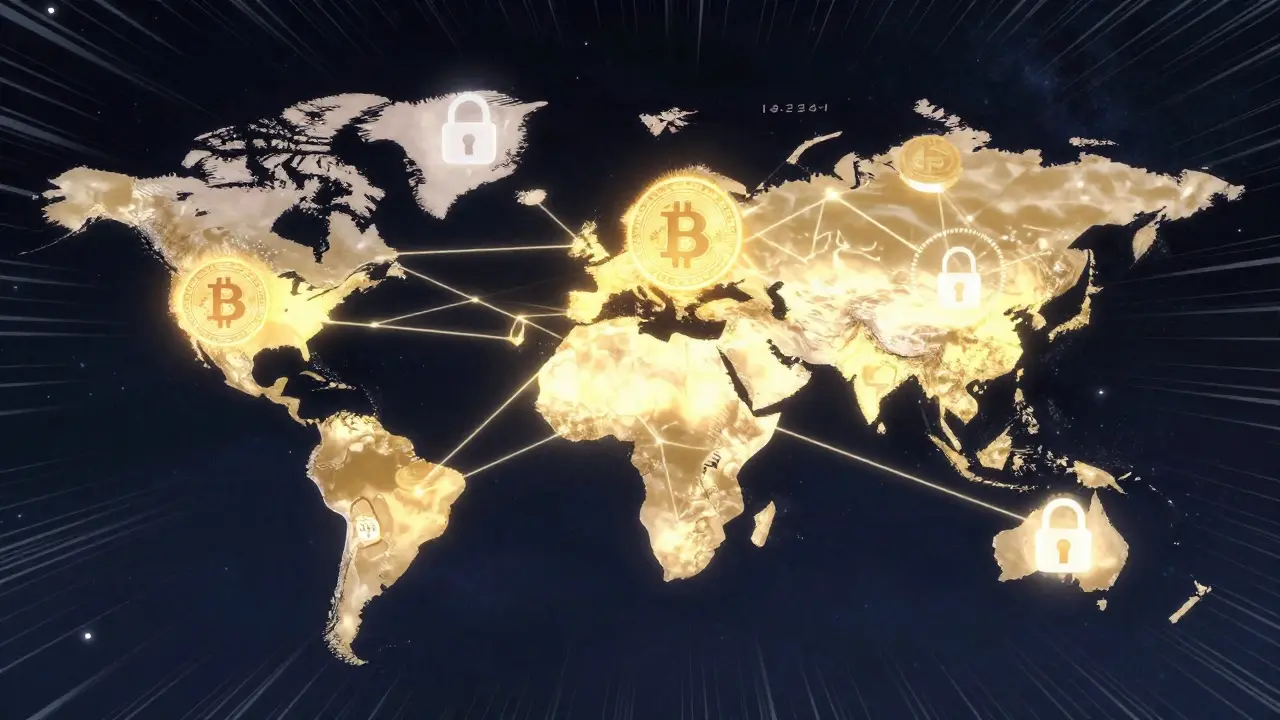 Anime map showing global crypto data sharing from Switzerland