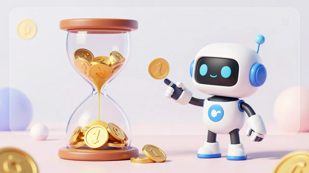 Anime mascot showing crypto tokens returning from an hourglass