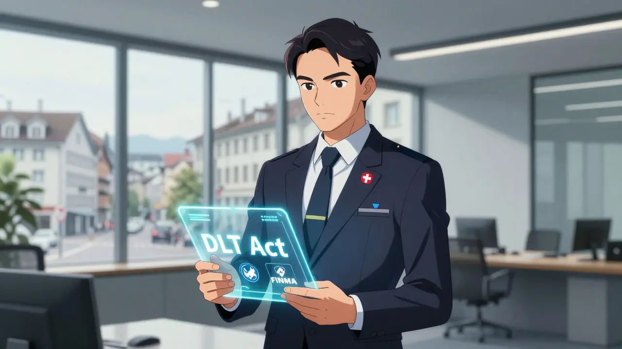 Anime regulator holding holographic DLT Act tablet in office