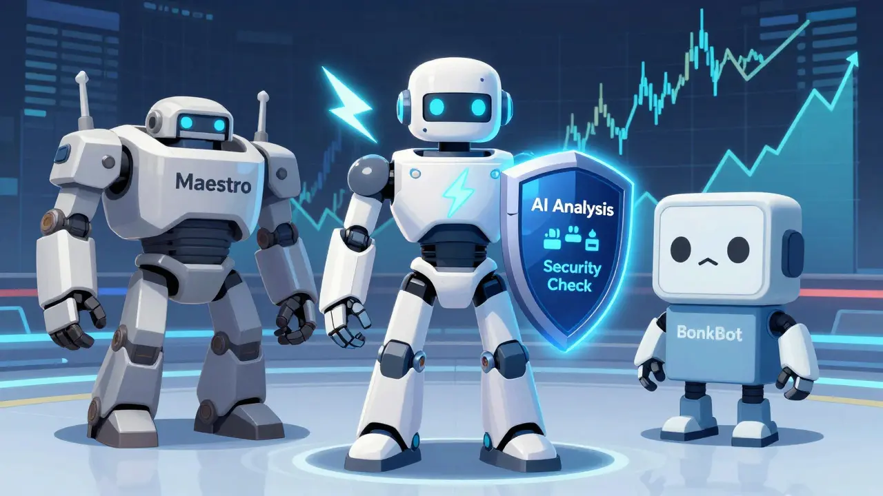 Anime robots comparing Fluxbot, Maestro, and BonkBot features
