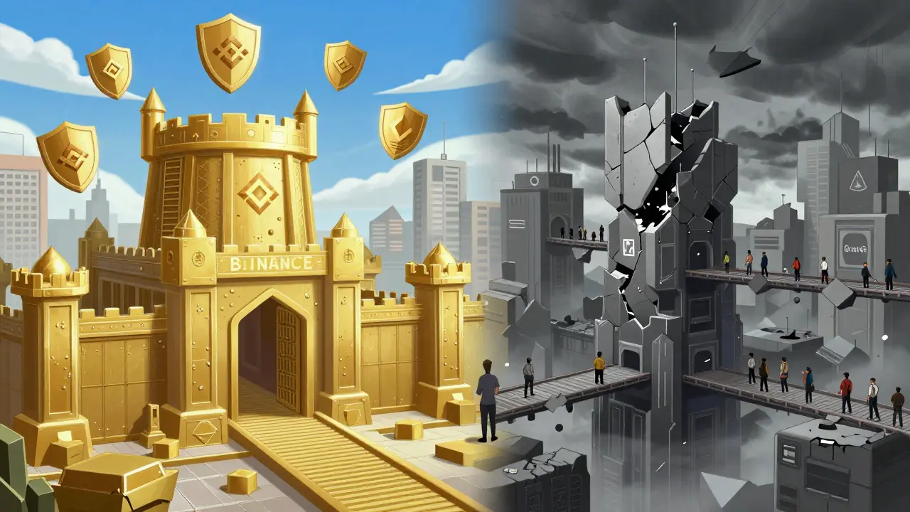 Anime scene contrasting a secure fortress with a risky, crumbling exchange.