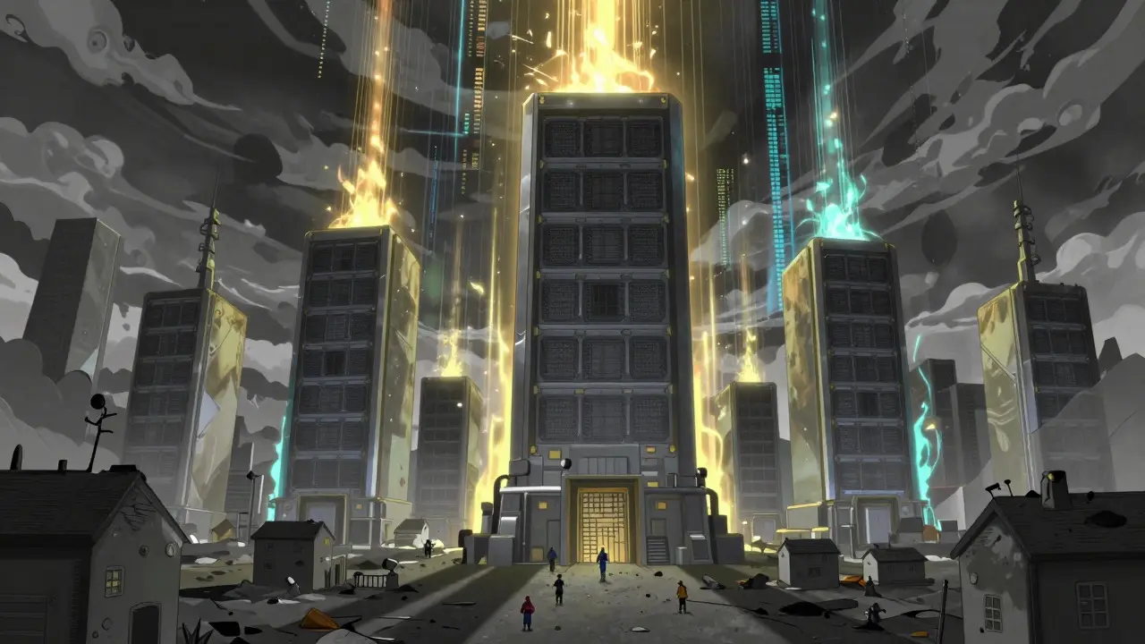 Anime scene showing giant servers overshadowing small home miners
