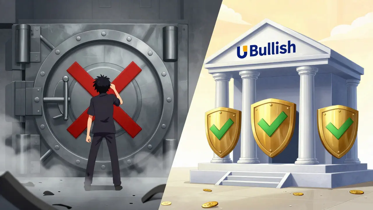 Anime split scene showing lost funds vs secure regulated banking vaults
