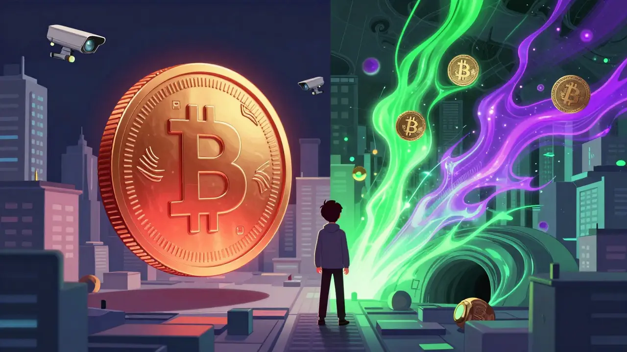 Anime split view of state digital yuan vs private crypto chaos