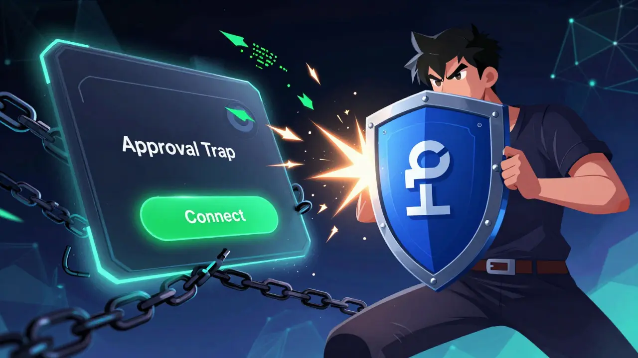 Anime style depiction of a wallet being trapped by malicious approval chains