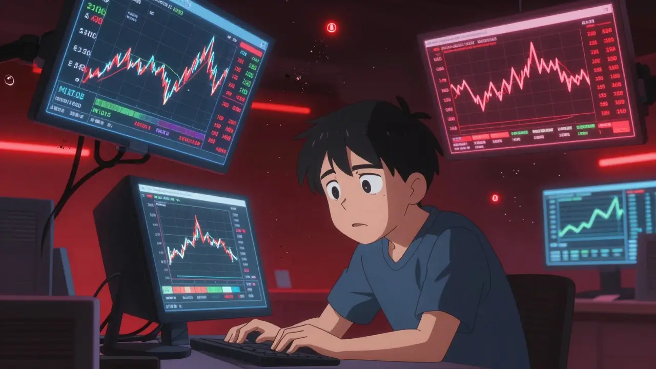 Anime trader looking at chaotic, conflicting price charts on holographic screens.