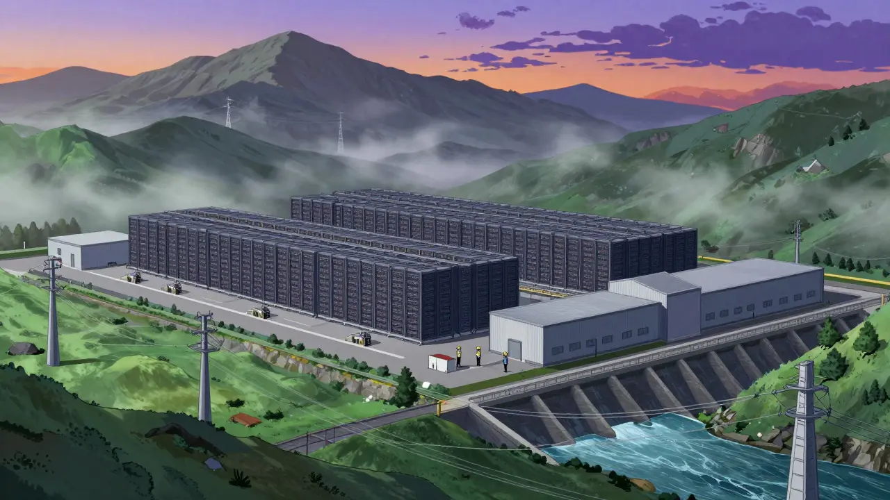 Anime view of mountain mining farm powered by hydroelectric dams in Georgia.
