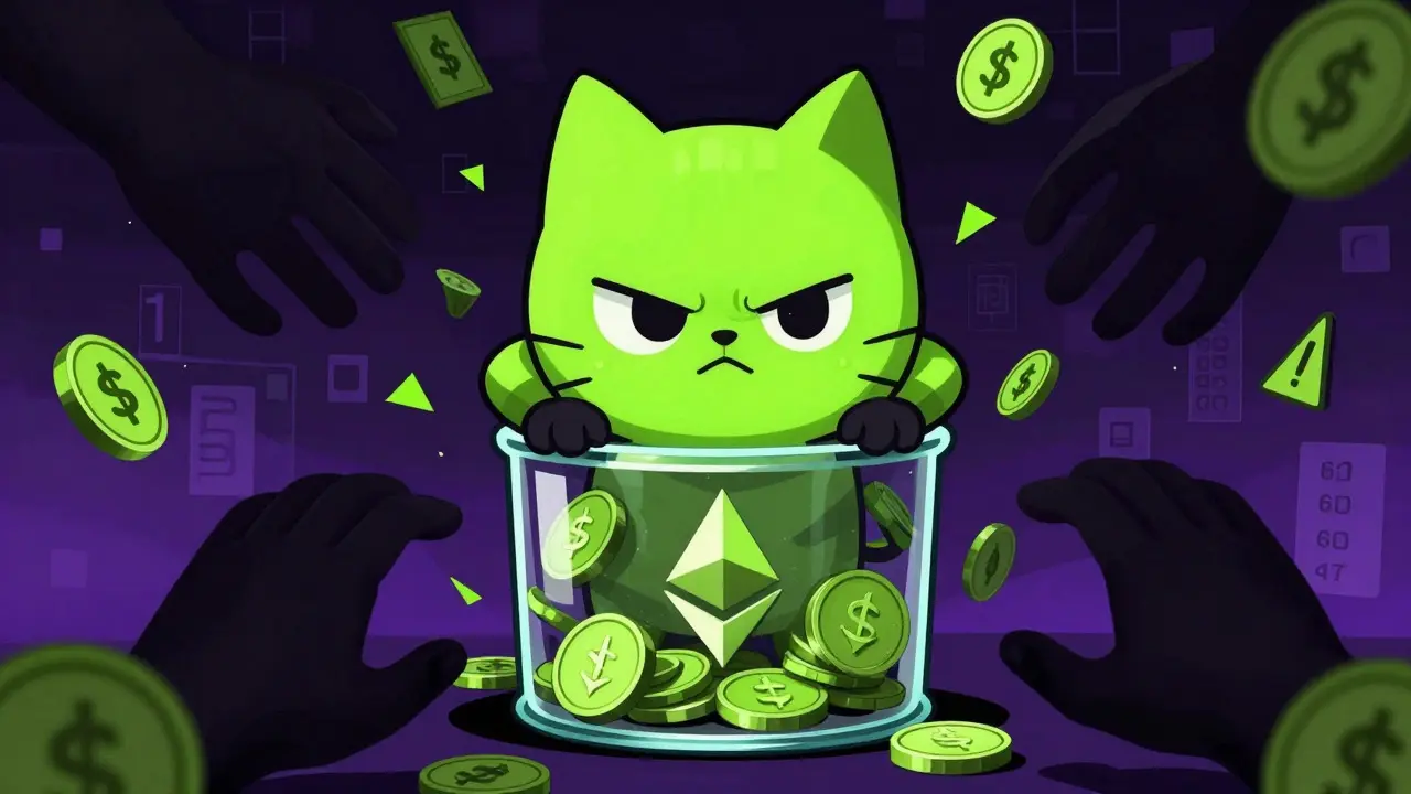 Cel-shaded anime art of a cat trapped in a jar, symbolizing liquidity issues.