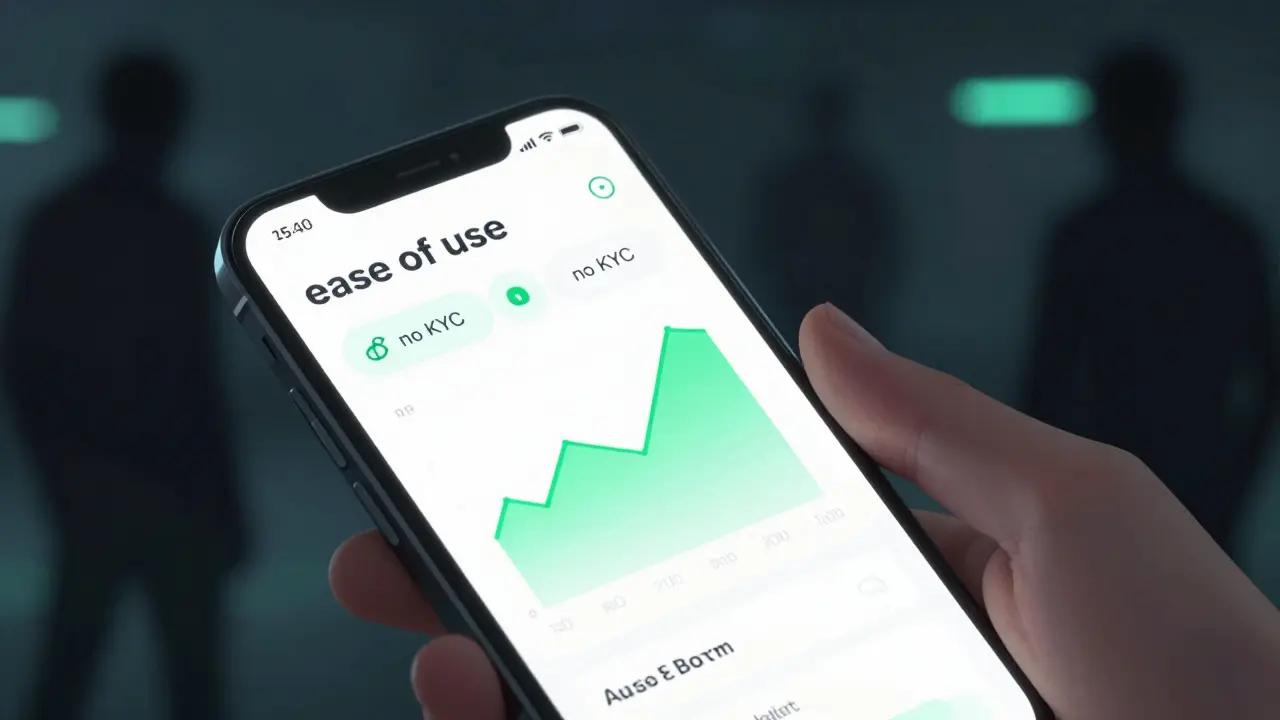 Close-up of a crypto app interface with shadowy figures in the background.