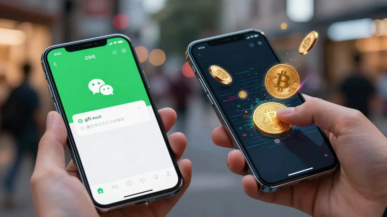 Close up of smartphones showing P2P crypto transfer and messaging apps
