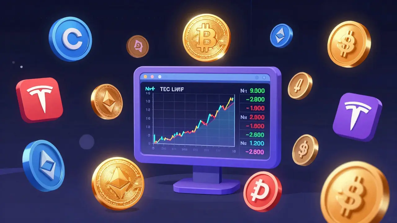 Floating crypto, stock, and NFT assets in anime style