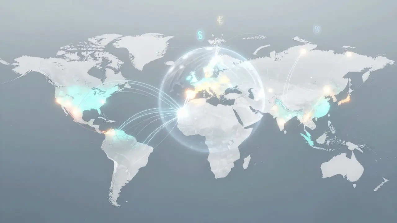 Global map with light streams showing international investment access