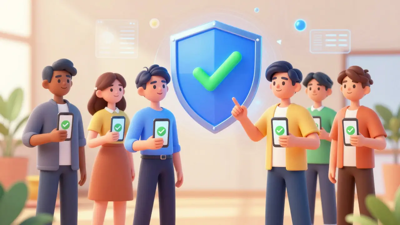 Group of anime characters celebrating safe account verification and referral rewards.