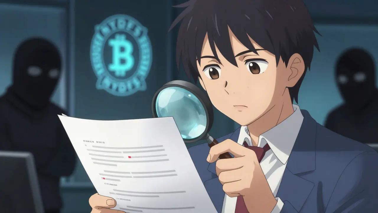 Investor inspecting documents with magnifying glass to spot crypto scams