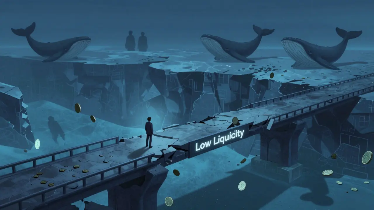 Lone investor on crumbling bridge over abyss of sinking coins