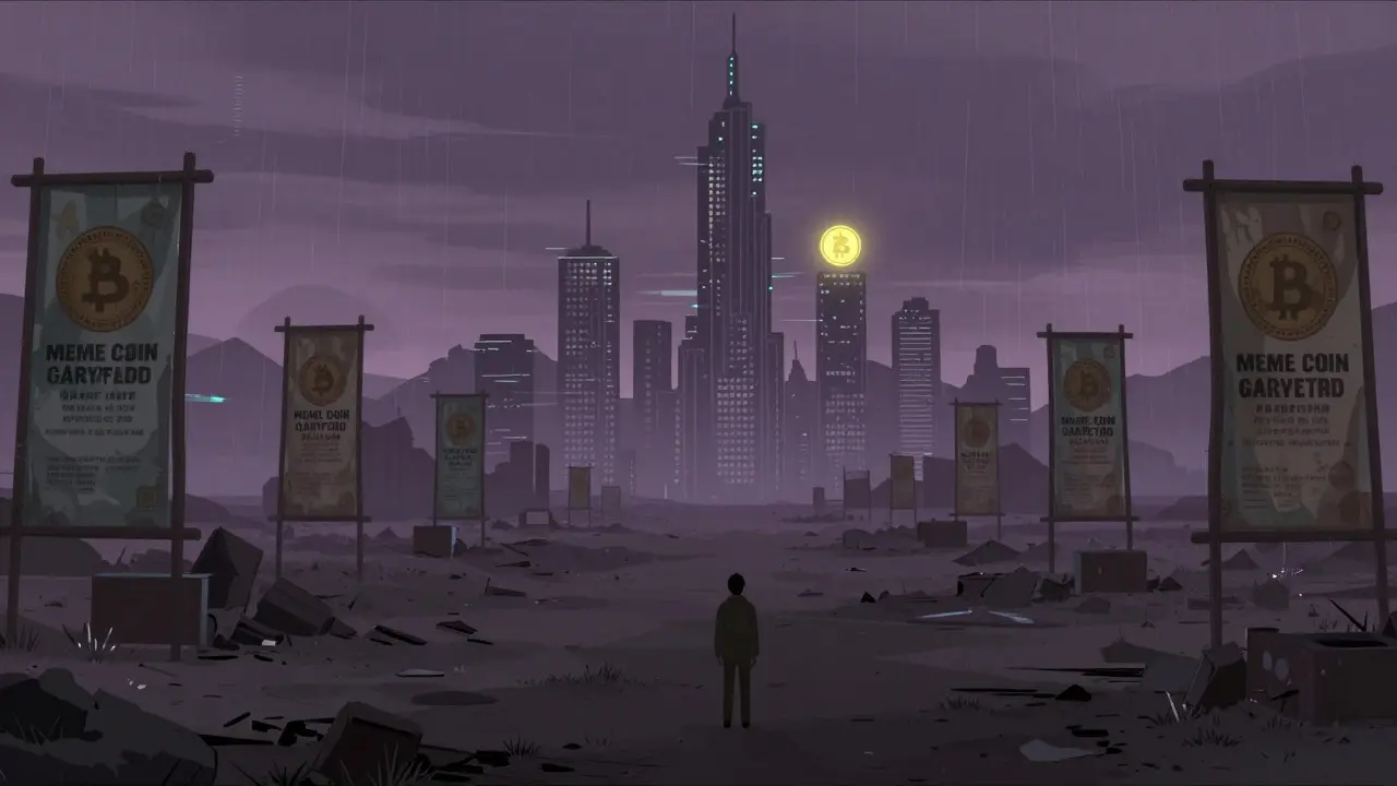 Lonely anime figure in a desolate digital graveyard of failed meme coins.
