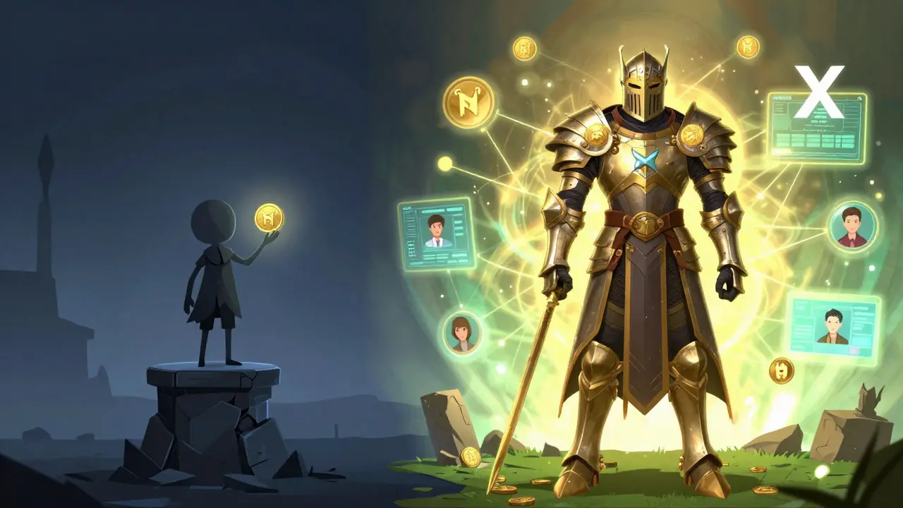 Small fragile character vs giant armored knight comparing crypto token values.