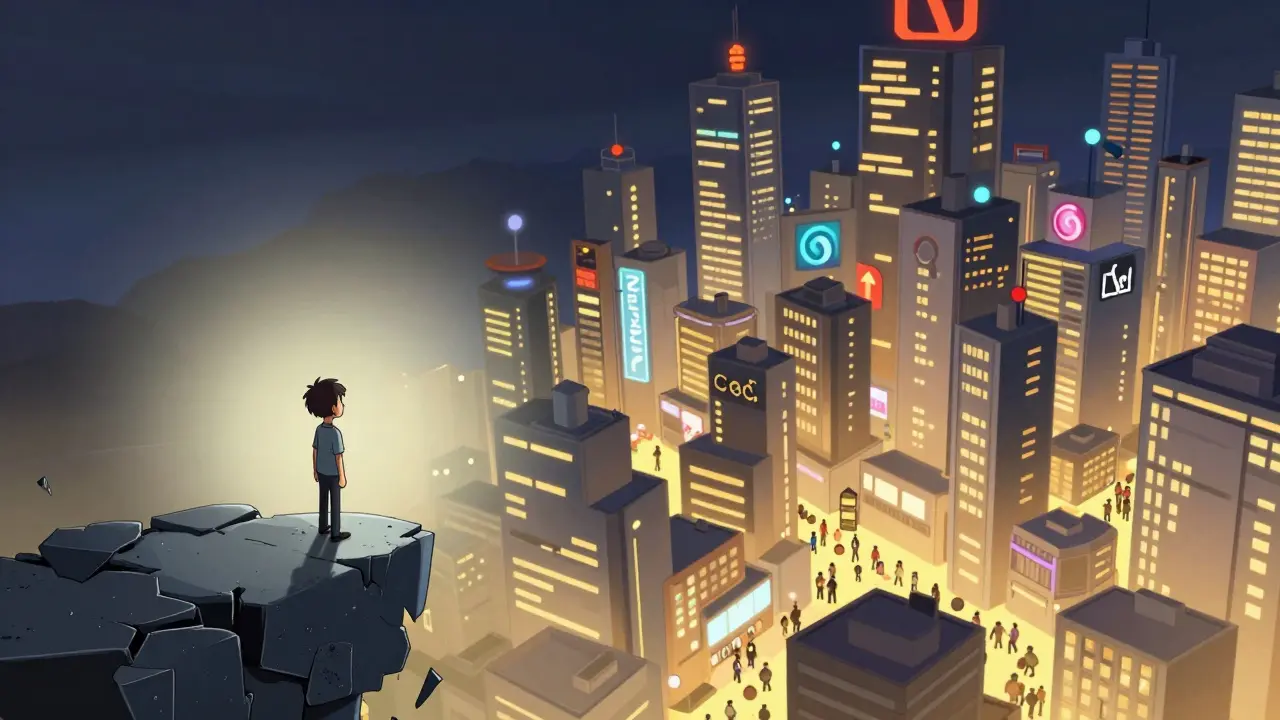 Small isolated figure vs massive bustling metropolis city