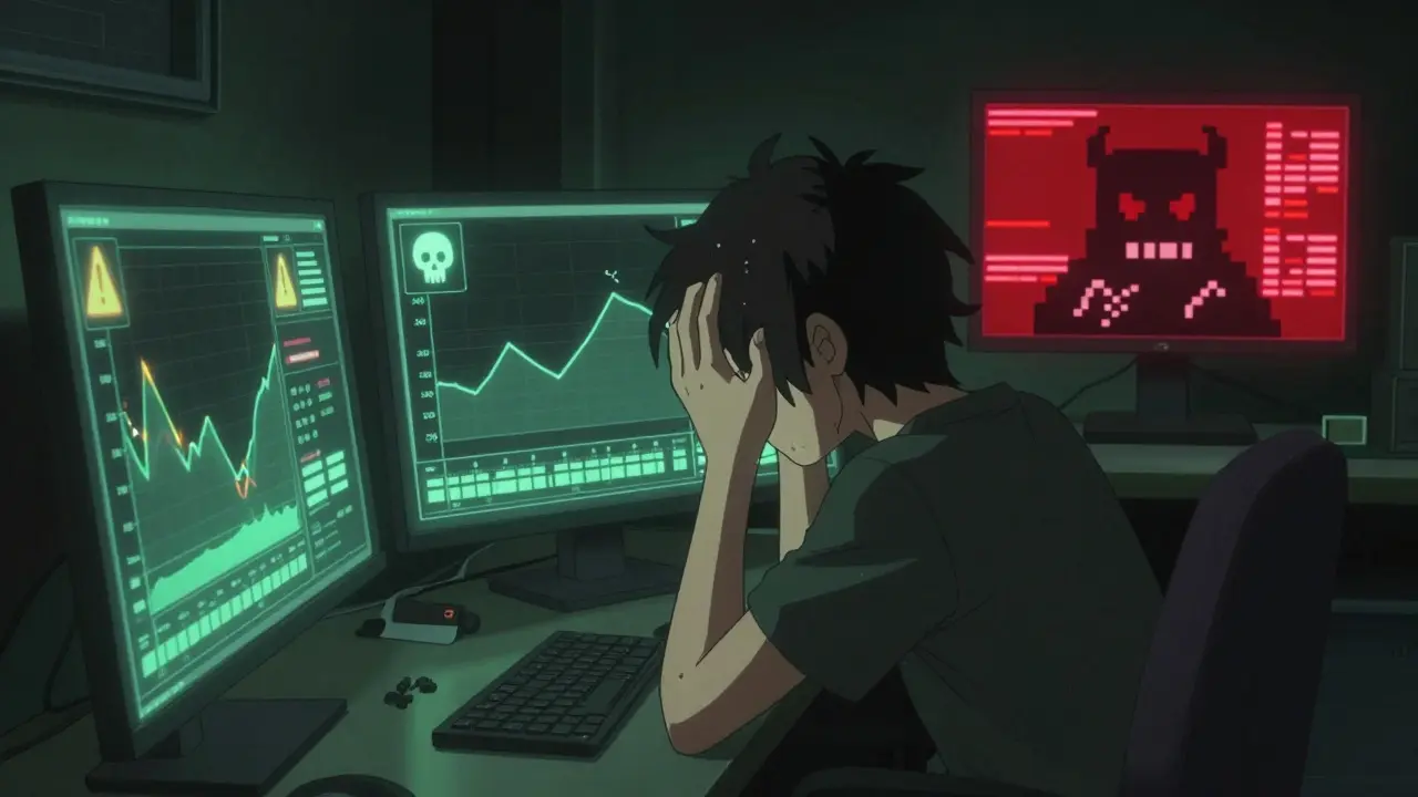 Stressed anime investor facing low liquidity charts and rug pull threats
