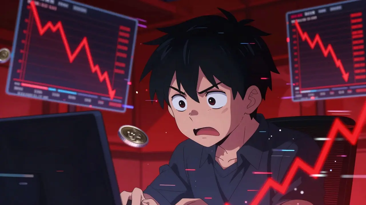 Stressed anime trader watching crashing crypto charts