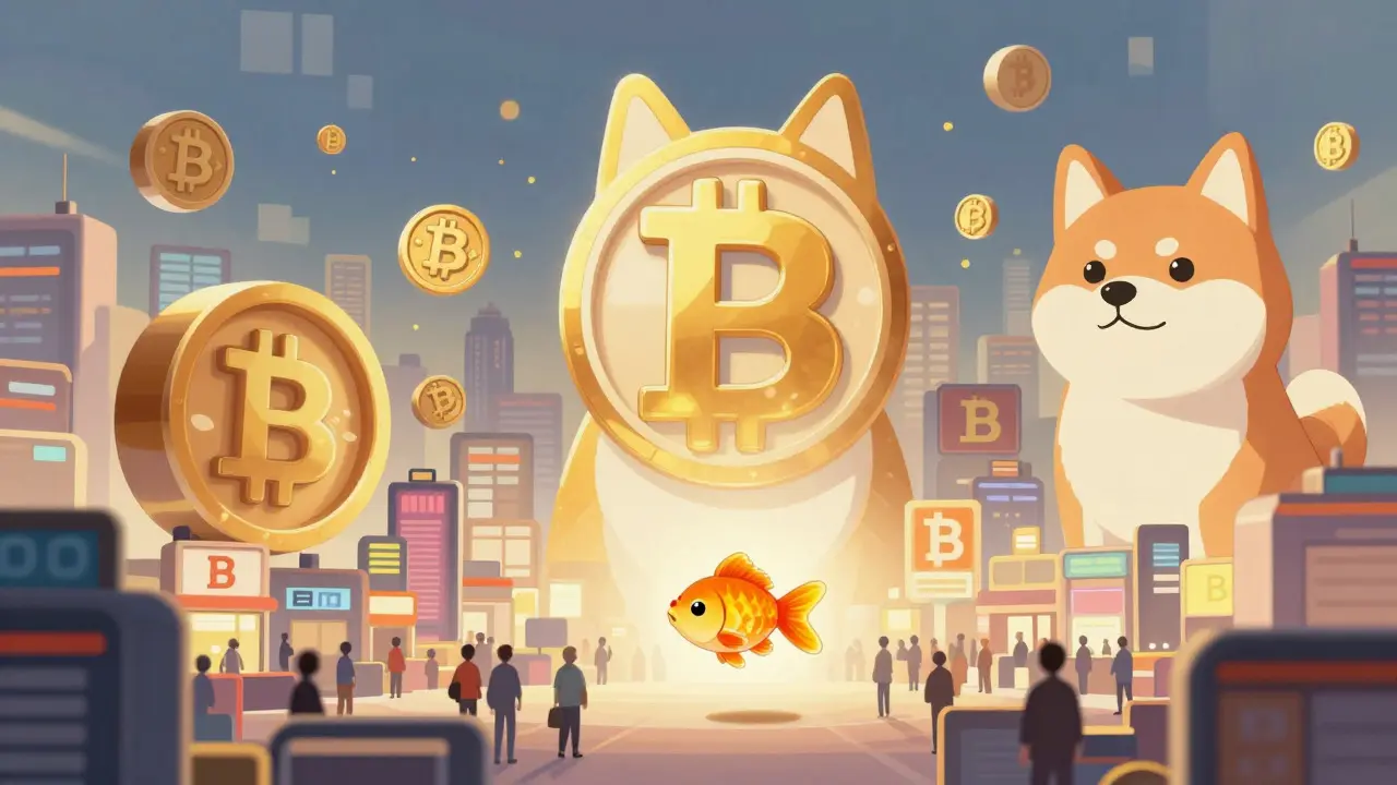 Tiny goldfish token dwarfed by giant meme coin structures