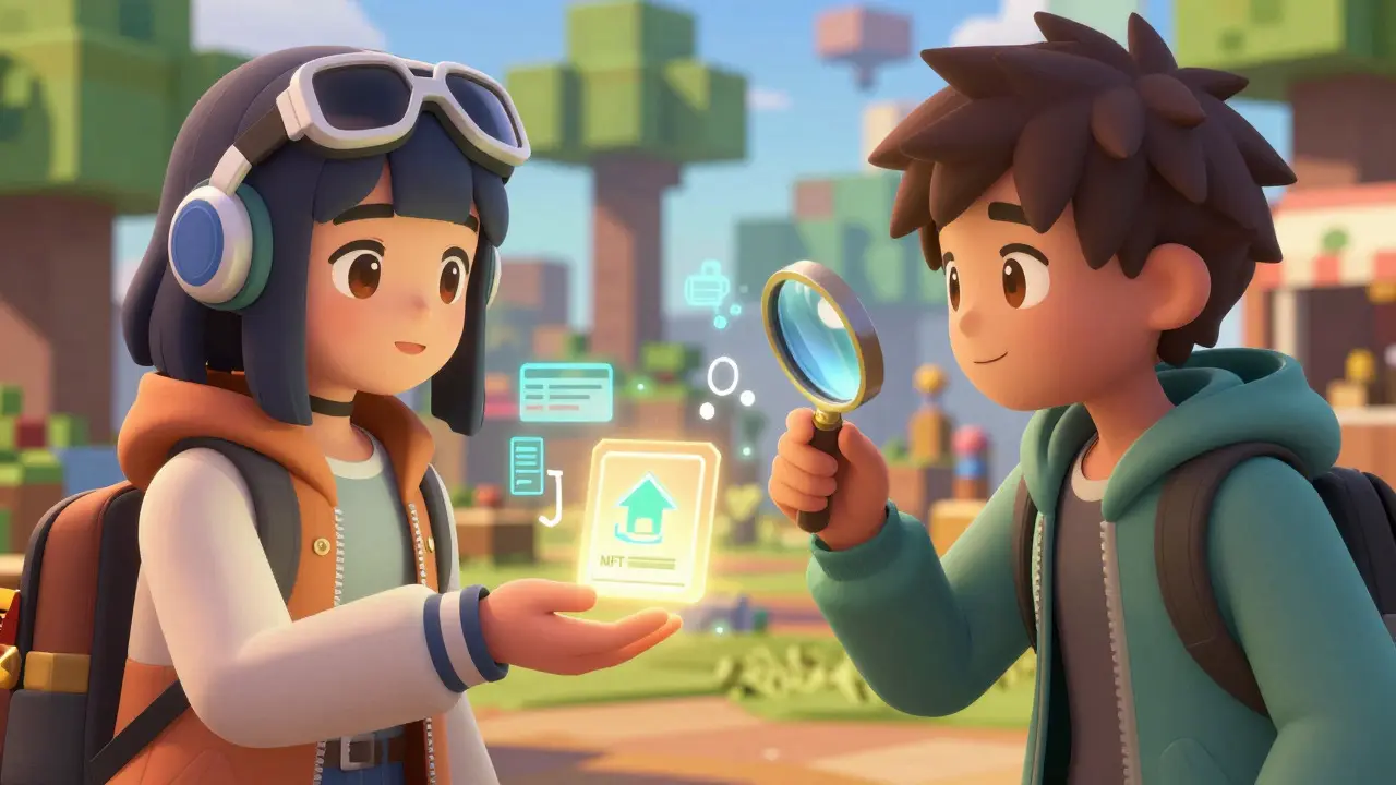 Two anime avatars exchanging a glowing NFT deed in a voxel world