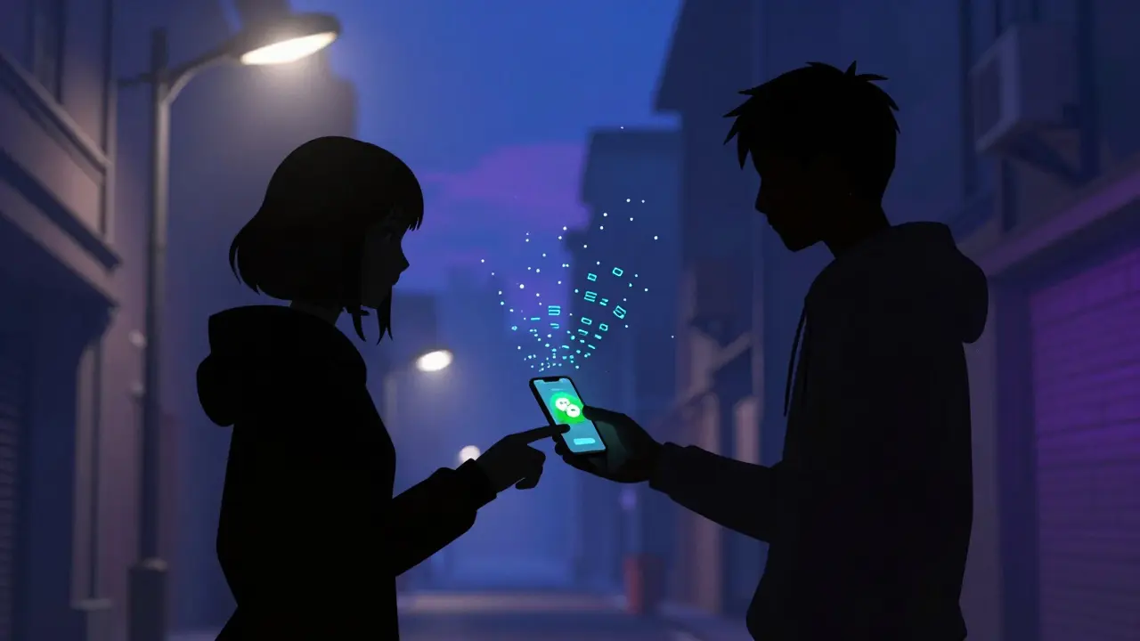 Two people exchanging phones for crypto trade in alley, anime art