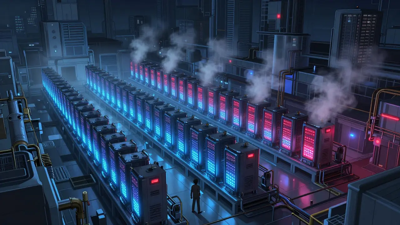 Vast anime mining farm with glowing ASICs overwhelming a small operator