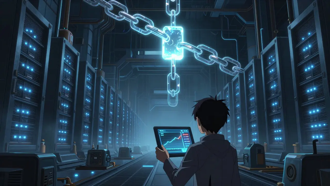 Wide view of a high-tech Bitcoin mining farm with glowing server racks.