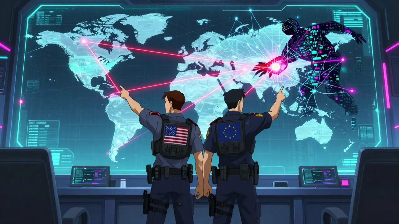 Anime agents collaborating to dismantle global cybercrime network in neon ops room