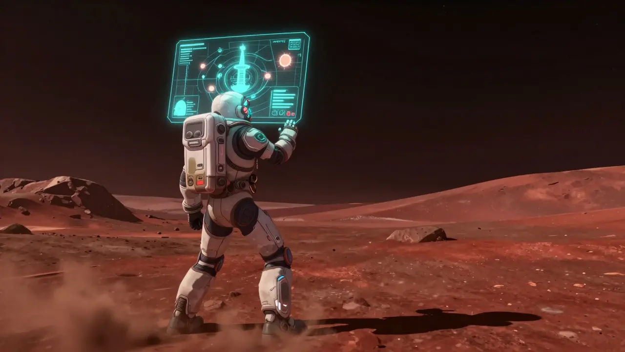 Anime astronaut checking holographic map on Mars land plot