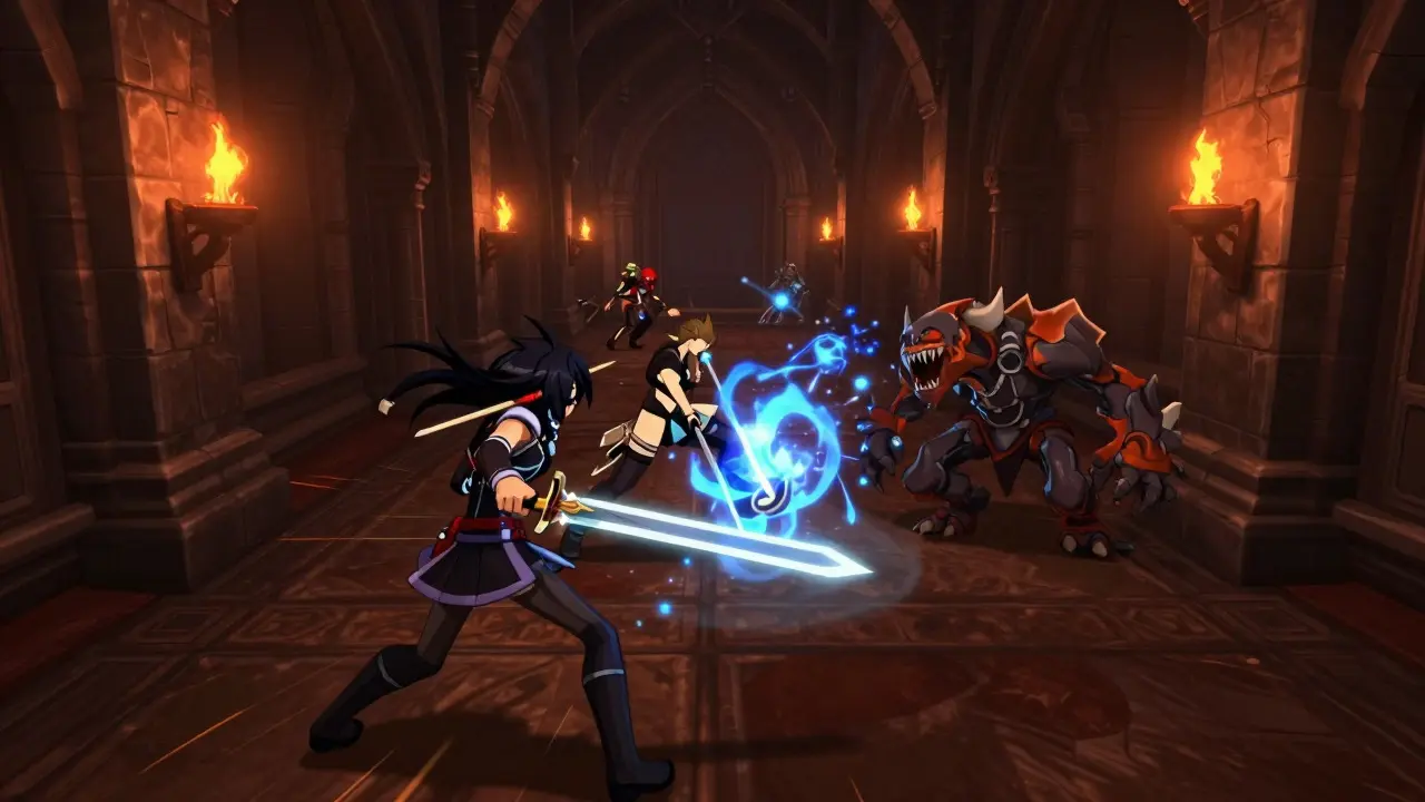 Anime battle scene in a fantasy MMO game environment