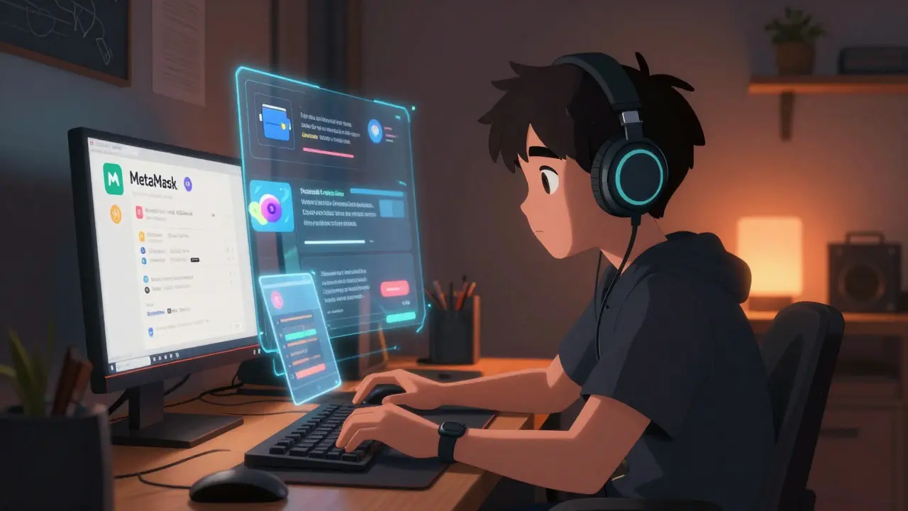 Anime character checking crypto wallet and security tasks on holographic screens