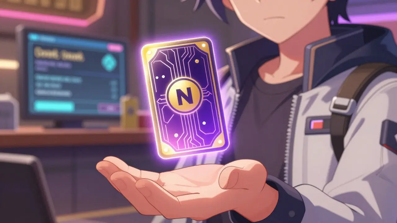 Anime character holding a glowing holographic NFT card with a futuristic background