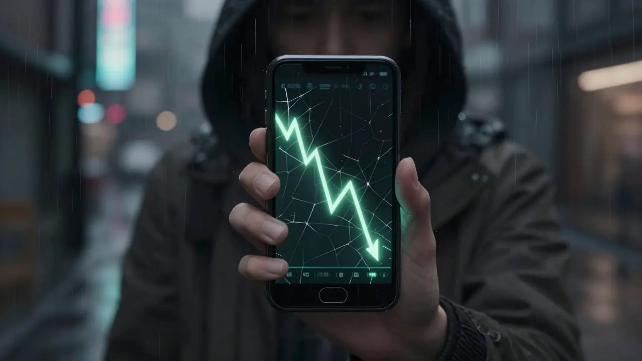 Anime character holding a phone with a crashing stock graph in the rain