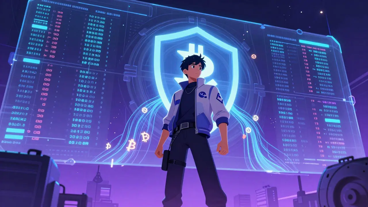 Anime character standing before a digital wall visualizing transparent crypto reserves