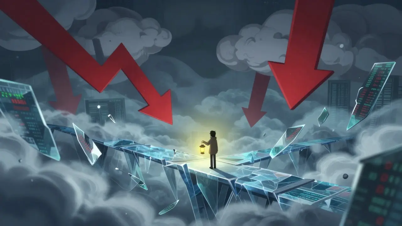 Anime character standing on a fragile bridge over a digital abyss with a lantern