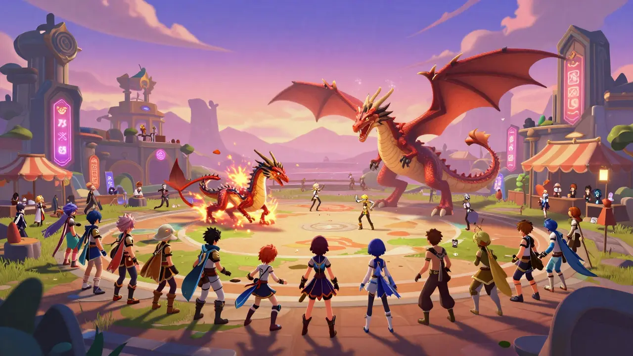 Anime characters and dragon pets in a vibrant metaverse gaming arena